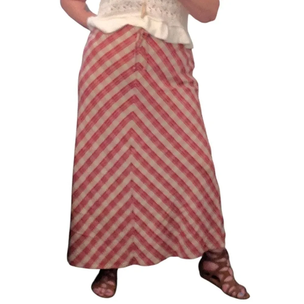 VTG 70s Red Tan Chevron Plaid Prairie Maxi Skirt SZ 10 Flax Blend High Waist